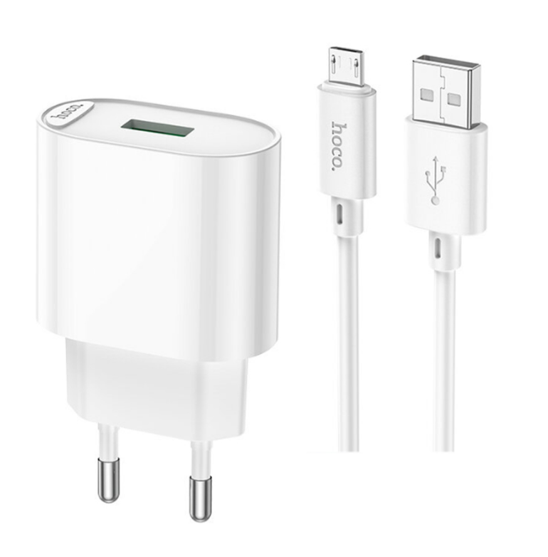 Блок питания (сетевой адаптер) HOCO C109A Fighter, QC3.0, 18W, с кабелем Micro-USB, белый