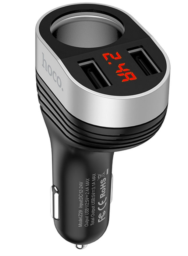 Автомобильная зарядка HOCO Z29 Regal, 2xUSB + прикуриватель, 3.1A, 96W, черный